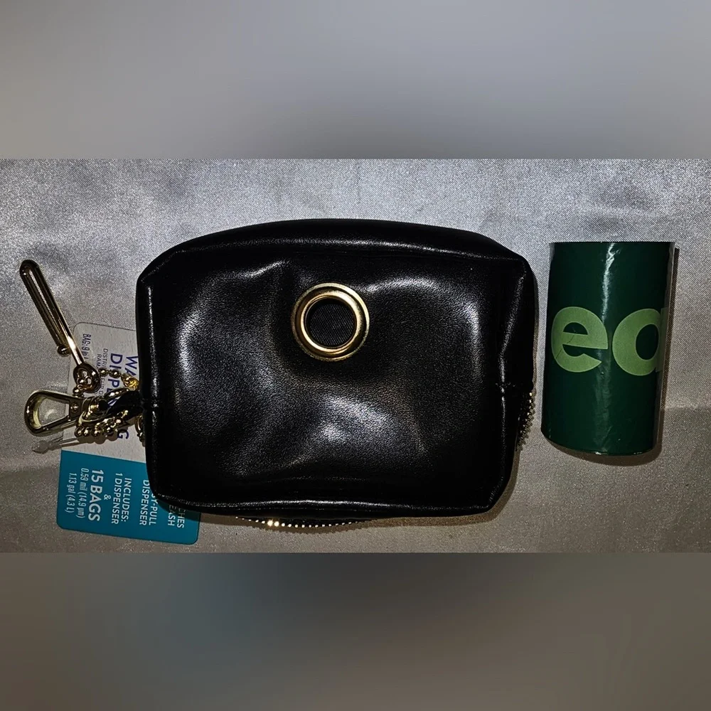Top Paw Faux Leather Black Zippered Waste Bag Dispenser with Gold Hardware